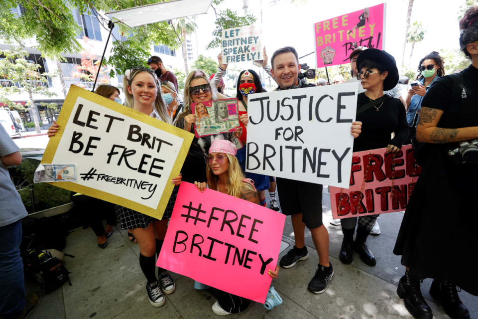 <div class="inline-image__caption"><p>Britney Spears fans show support outside a June 23 conservatorship case hearing at the Stanley Mosk Courthouse in Los Angeles.</p></div> <div class="inline-image__credit">Mario Anzuoni/Reuters</div>