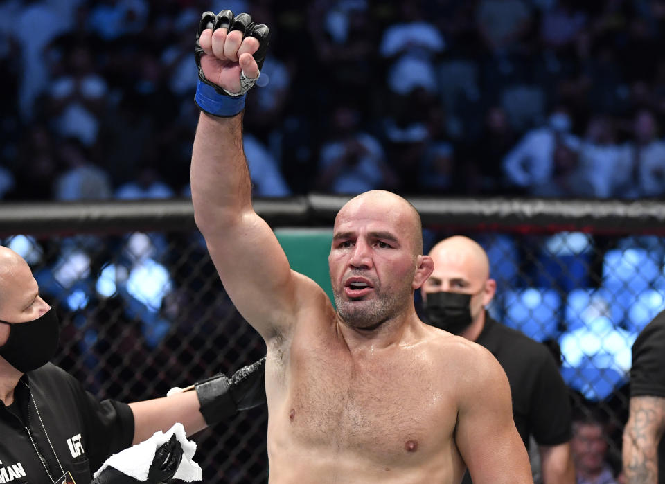 ABU DHABI, UNITED ARAB EMIRATES - OCTOBER 30: Glover Teixeira of Brazil celebrates after his victory over Jan Blachowicz of Poland in the UFC light heavyweight championship fight during the UFC 267 event at Etihad Arena on October 30, 2021 in Yas Island, Abu Dhabi, United Arab Emirates. (Photo by Chris Unger/Zuffa LLC)