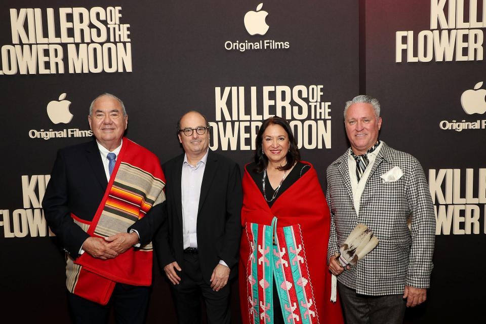 From left, Osage Nation Principal Chief Geoffrey Standing Bear, author David Grann, Julie Standing Bear and Chad Renfro attend the New York premiere of Apple Original Films’ “Killers of the Flower Moon" at Alice Tully Hall, Lincoln Center.