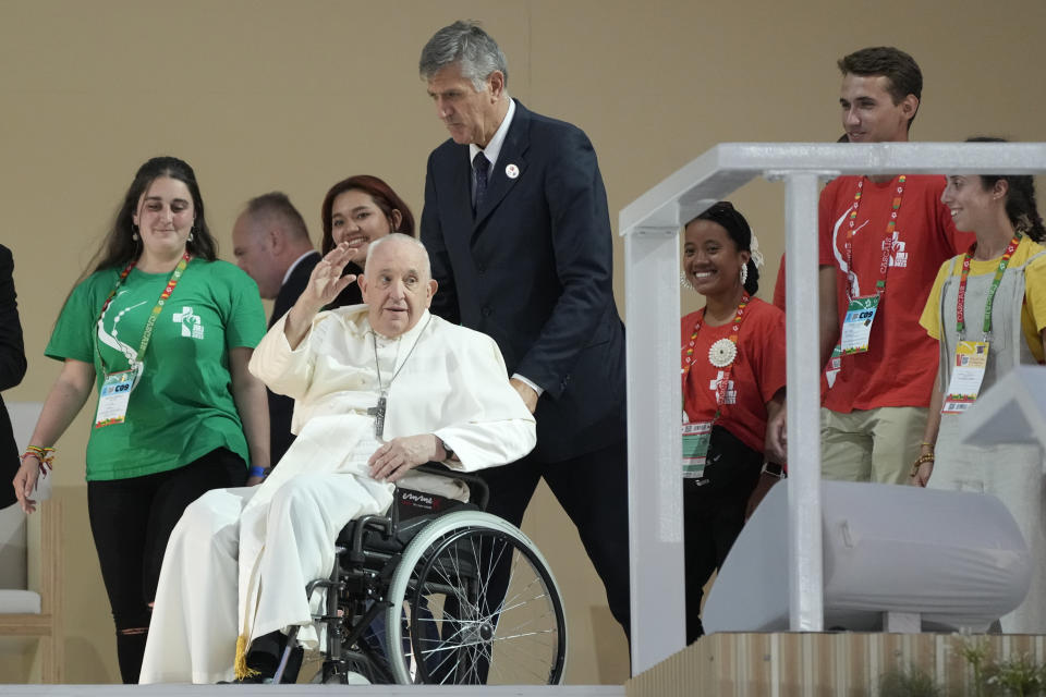 Pope Francis arives at the Parque Tejo in Lisbon, Saturday, Aug. 5, 2023, for a vigil ahead of the 37th World Youth Day. On Sunday morning, the last day of his five-day trip to Portugal, Francis is to preside over a final, outdoor Mass on World Youth Day – when temperatures in Lisbon are expected to top 40 degrees C (104F) – before returning to the Vatican. (AP Photo/Gregorio Borgia)