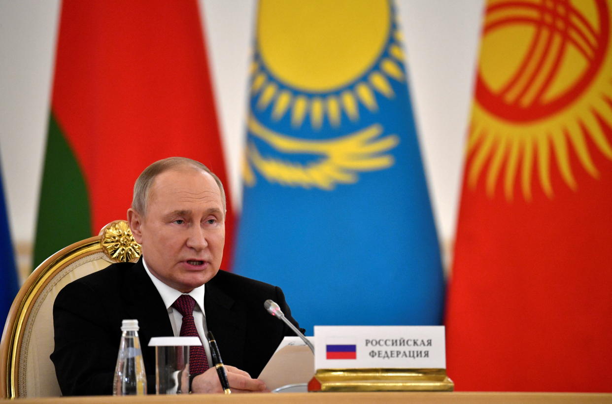 Russian President Vladimir Putin attends a meeting of the leaders of the Collective Security Treaty Organization (CSTO) member states, at the Kremlin in Moscow, Russia May 16, 2022. (Alexander Nemenov/Pool via Reuters)