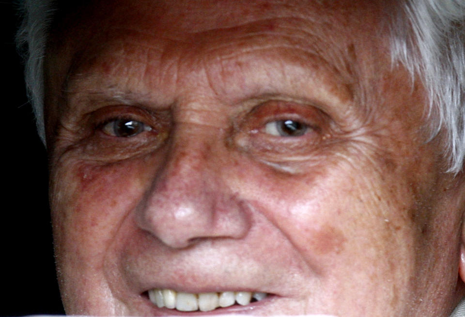 FILE - Pope Benedict XVI smiles as he leaves the Regional Hospital in Aosta, Italy, on July 17, 2009, after surgery on his right wrist, which he broke during a late-night fall in his Alpine vacation chalet. Pope Emeritus Benedict XVI, the German theologian who will be remembered as the first pope in 600 years to resign, has died, the Vatican announced Saturday. He was 95. (AP Photo/Luca Bruno, File)