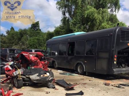 A private rental bus involved in a multiple car accident which killed two people is seen in a picture released by the Louisiana State Police. Louisiana State Police/Handout via Reuters