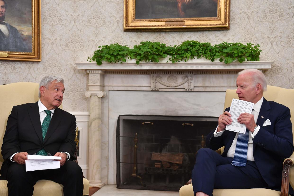 President Joe Biden meets with Mexican President Andres Manuel Lopez Obrador in the Oval Office of the White House on July 12.