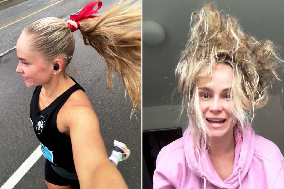 <p>Abbie Jack</p> Abbie Jack has hair disaster after running marathon.