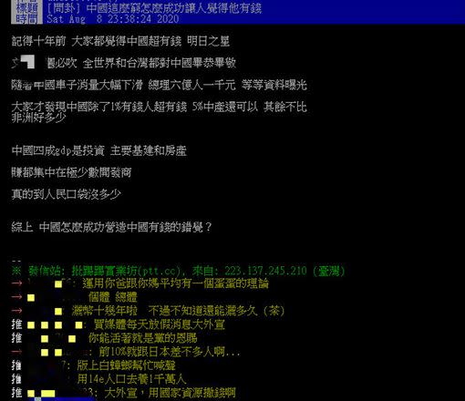 網友討論中國如何營造有錢形象。（圖／翻攝自PTT）