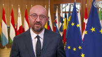 In this image made from UNTV video, Charles Michel, President of the European Council, European Union, speaks in a pre-recorded message which was played during the 75th session of the United Nations General Assembly, Friday, Sept. 25, 2020, at UN headquarters, in New York. (UNTV via AP)