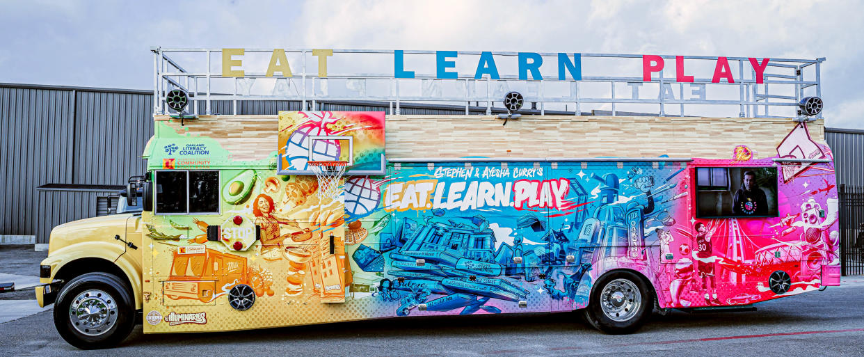 The Curry's foundation, Eat. Learn. Play., has converted a school bus into a free mobile market and bookstore that will bring critical resources directly to Oakland residents who need them, wherever they are. (Courtesy Cruising Kitchens)