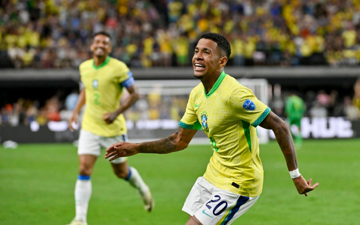 Brazil's Savinho celebrates scoring his side's second goal against Paraguay during a Copa America Group D soccer match in Las Vegas in June. Manchester City completed the signing of Savinho in July