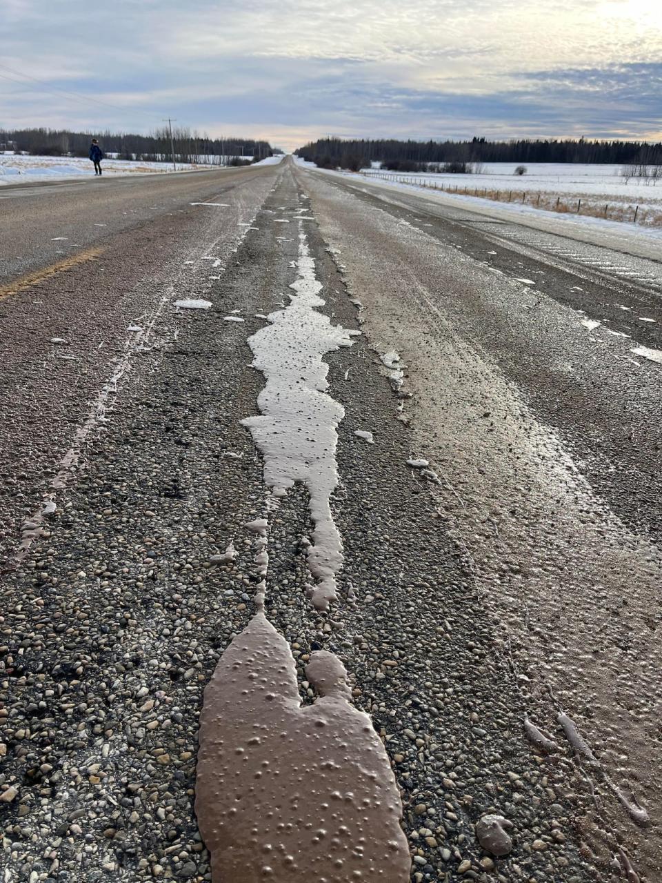 Cleanup continues along a stretch of highway in central Alberta after a spill Thursday.