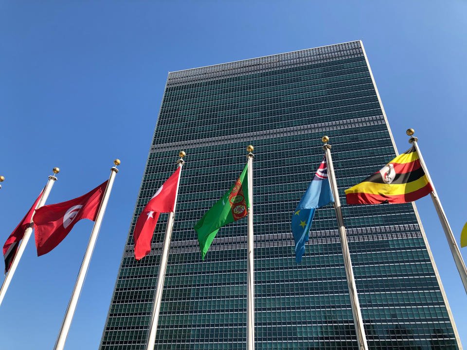 FILE - Flags fly outside United Nations headquarters in New York during the 74th session of the United Nations General Assembly, Saturday, Sept. 28, 2019. A major United Nations meeting on the landmark nuclear Non-Proliferation Treaty is starting Monday, Aug. 1, 2022, after a long delay due to the COVID-19 pandemic, as Russia’s war in Ukraine has reanimated fears of nuclear confrontation and cranked up the urgency of trying reinforce the 50-year-old treaty. (AP Photo/Jennifer Peltz, File)