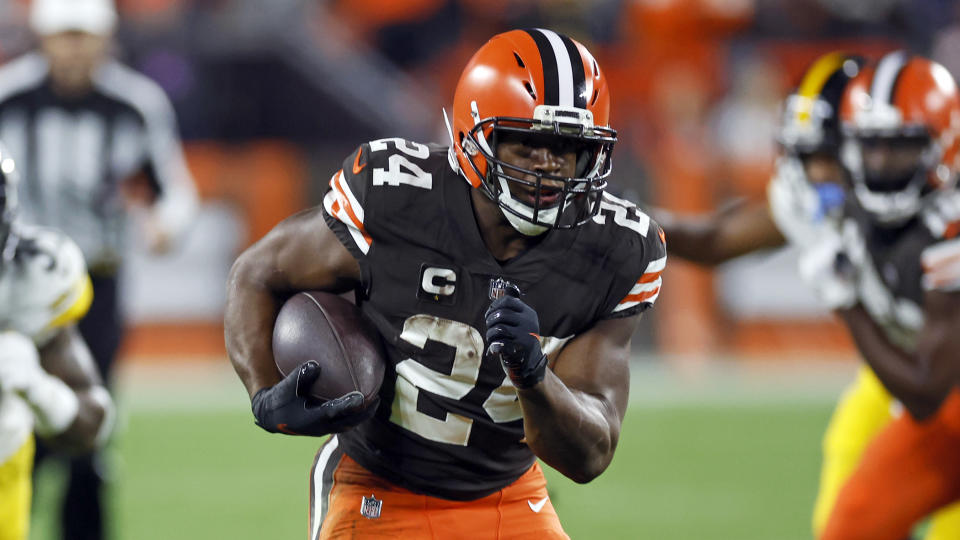 FILE - Cleveland Browns running back Nick Chubb (24) carries the ball during the first half of an NFL football game against the Pittsburgh Steelers in Cleveland, Ohio, on Sept. 22, 2022. Falcons coach Arthur Smith knows what to expect from a Cleveland Browns offense which revolves around Nick Chubb's powerful runs. Smith wants his Falcons' attack led by running back Cordarrelle Patterson to mash back. (AP Photo/Ron Schwane, File)