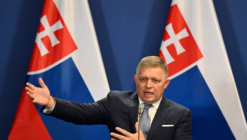 Slovakia's Prime Minister Robert Fico speaks during a press conference with Hungary's Prime Minister Viktor Orban at the Carmelite Monastery in Budapest, Hungary, Tuesday, Jan. 16, 2024. Fico suffered life-threatening injuries on Wednesday, May 15, 2024, when he was shot and wounded in an apparent assassination attempt.
