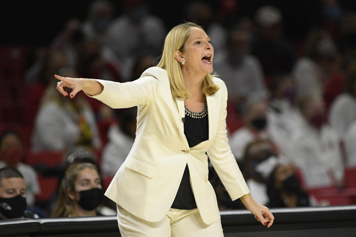 Maryland head coach Brenda Frese points during the first half of an NCAA college basketball game against Baylor, Sunday, Nov. 21, 2021, in College Park, Md. (AP Photo/Nick Wass)