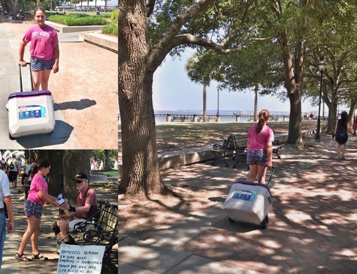 Chloe, 11, handed out cold water bottles to homeless people during a heat wave in South Carolina. (Photo: Instagram)