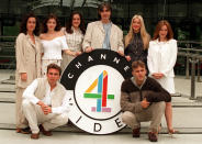 PA PHOTO 2/6/1995 BROOKSIDE CREATOR PHIL REDMOND WITH SOME OF THE YOUNG CAST OF THE CHANNEL 4 SOAP OPERA TO LAUNCH BROOKSIDE VIDEO. L-R RACHEL LINDSAY, ANNA FRIEL, DIANE BURKE, REDMOND, ALEXANDRA FLETCHER & NICOLA STEPHENSON. FONT ROW DANNY MCCALL & PAUL BYATT.