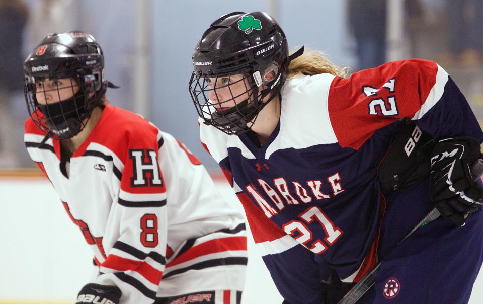 Pembroke's Mary Quatrale lines up for a faceoff during a game against Hingham at Pilgrim Skating Arena in Hingham on Saturday, Jan. 15, 2022.