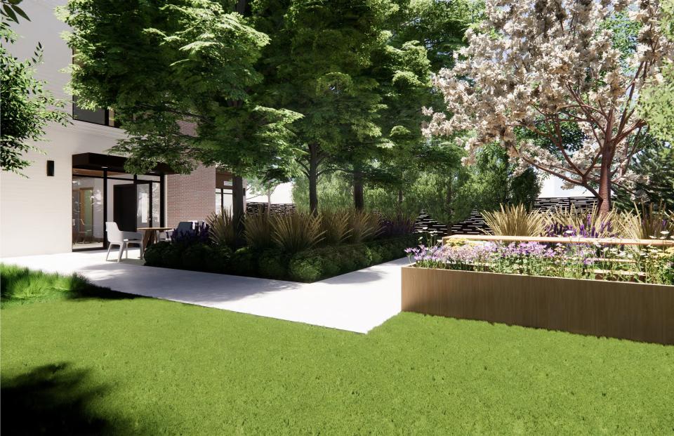 This is what a garden space might look like in a rendering for a proposed mixed-use apartment and office building on Pine Street.