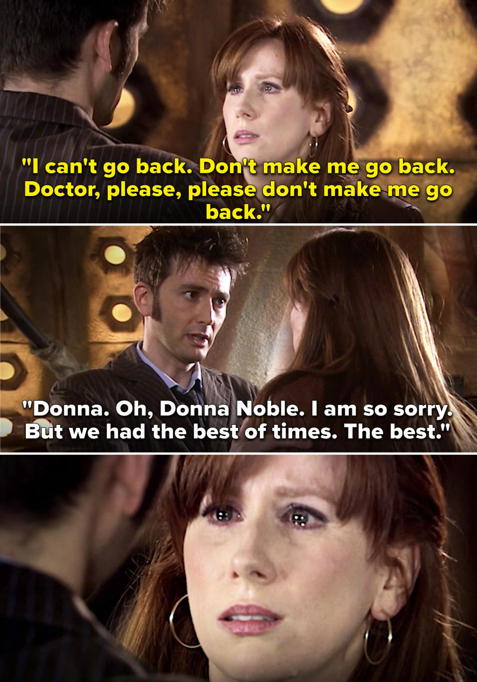 Donna pleading with the Doctor not to go back and Doctor saying, "I am so sorry. But we had the best of times"