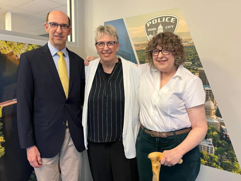 Chuck Casper, left, Pauline Casper, center, and Roberta Casper Watson flew into Boise to attend a news conference about the case’s closure.