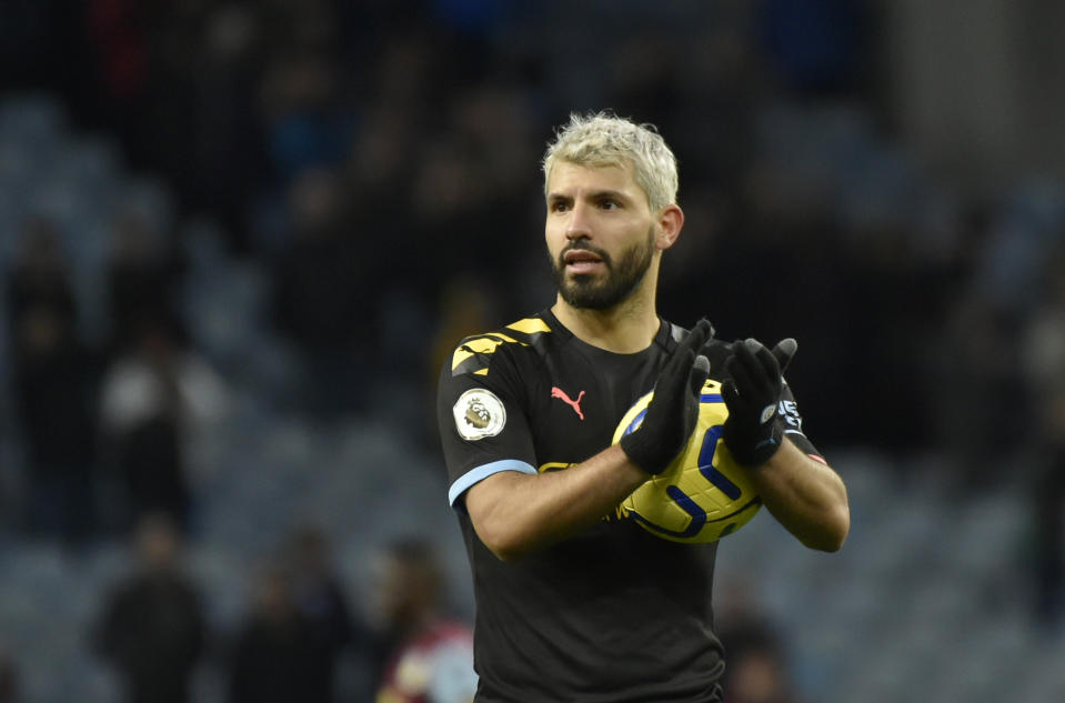 Manchester City's Sergio Aguero applauds to supporters at the end of the English Premier League soccer match between Aston Villa and Manchester City at Villa Park in Birmingham, England, Sunday, Jan. 12, 2020. Manchester City won the game 1-6. (AP Photo/Rui Vieira)