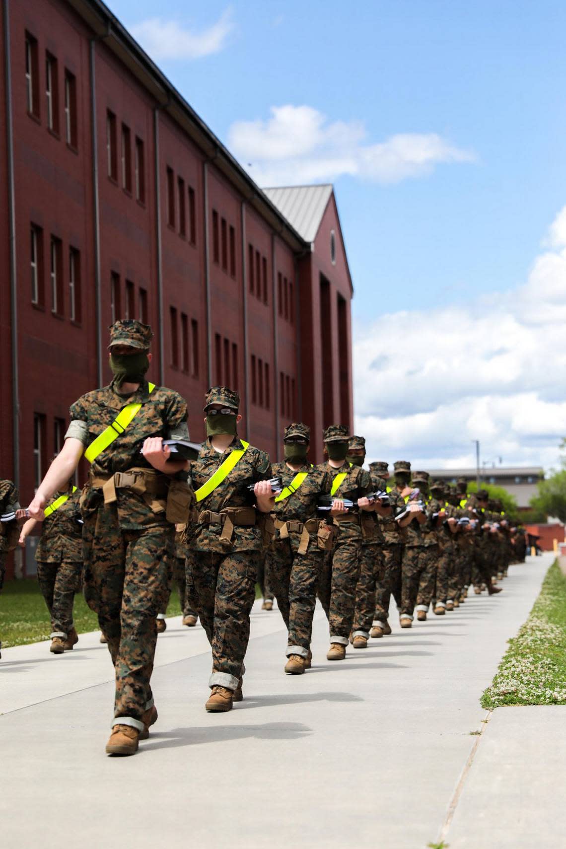 Recruits with November Company, 4th Recruit Training Battalion, participate in daily training aboard Marine Corps Recruit Depot Parris Island April 21, 2020.
