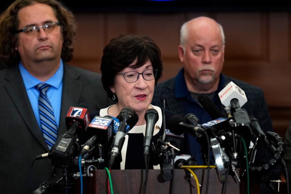 Sen. Susan Collins, R-Maine, speaks with members of the media in the aftermath of a mass shootings in Lewiston, Maine, Thursday, Oct. 26, 2023. (AP Photo/Matt Rourke)