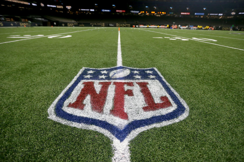 Jan 2, 2022; New Orleans, Louisiana, USA; The NFL logo on the field before the game between the New Orleans Saints and the <a class="link " href="https://sports.yahoo.com/nfl/teams/carolina/" data-i13n="sec:content-canvas;subsec:anchor_text;elm:context_link" data-ylk="slk:Carolina Panthers;sec:content-canvas;subsec:anchor_text;elm:context_link;itc:0">Carolina Panthers</a> at the Caesars Superdome. Mandatory Credit: Chuck Cook-USA TODAY Sports