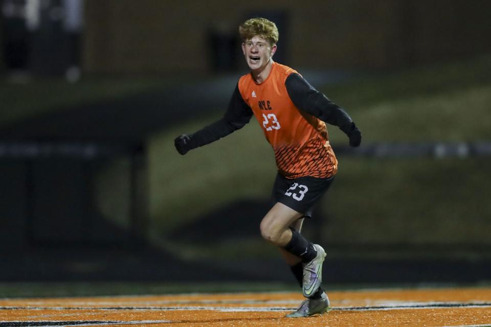 Ryle's Josh Line reacts after scoring a goal against Montgomery County in the second half Tuesday.