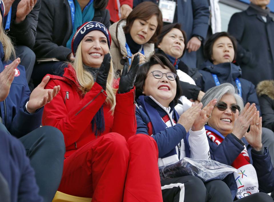 <p>Ivanka Trump, U.S. President Trump’s daughter and senior White House adviser, cheers during the Men’s Big Air Finals of the PyeongChang 2018 Winter Olympic Games at the Alpensia Ski Jumping Centre on February 24, 2018 in Gangneung, Pyeongchang, South Korea. (Photo by Eric Gaillard-Pool/Getty Images) </p>