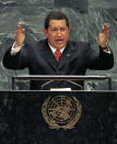 Hugo Chavez addresses the 61st General Assembly of the United Nations at United Nations headquarters in New York in September 2006. He famously made a speech damning then President George Bush. He said in Spanish: "Yesterday, the devil came here. Right here. Right here. And it smells of sulfur still today, this table that I am now standing in front of.” To scattered laughter he made the sign of the cross, brought his hands together in prayer and looked up at the ceiling. His remarks were not well received by American officials (Reuters)