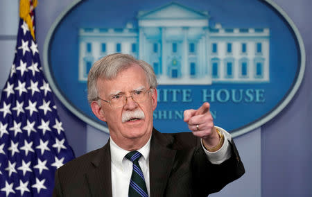 FILE PHOTO: U.S. President Donald Trump's national security adviser John Bolton speaks during a press briefing at the White House in Washington, U.S., November 27, 2018. REUTERS/Kevin Lamarque/File Photo