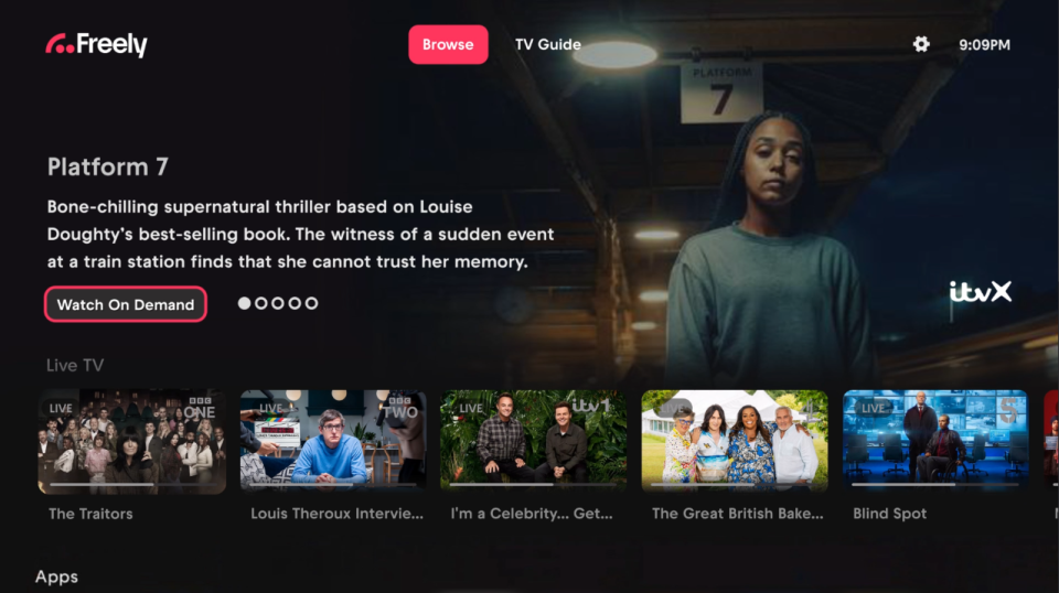 Freely live UK TV and catch-up streaming service user interface