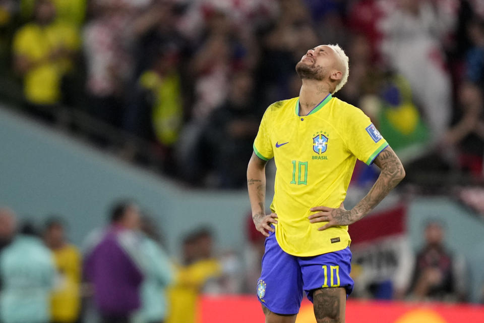 Brazil's Neymar reacts at the end of the World Cup quarterfinal soccer match between Croatia and Brazil, at the Education City Stadium in Al Rayyan, Qatar, Friday, Dec. 9, 2022. (AP Photo/Darko Bandic)