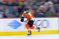FILE - Philadelphia Flyers' Keith Yandle skates during an NHL hockey game against the Toronto Maple Leafs, Nov. 10, 2021, in Philadelphia. Yandle tied the NHL record for consecutive games played with 964 on Monday, Jan. 24, 2022. Retired Toronto star Doug Jarvis holds the record. (AP Photo/Matt Slocum, File)