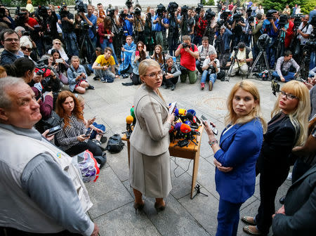 Leader of opposition Batkivshchyna party Yulia Tymoshenko attends a news conference in front of the Presidential aAdministration headquarters in Kiev, Ukraine May 21, 2019. REUTERS/Gleb Garanich