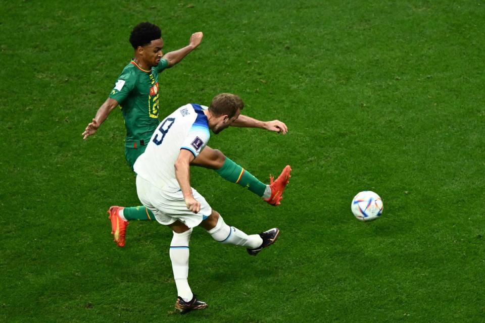 Harry Kane scores England’s second goal against Senegal and his first of the tournament (AFP/Getty)