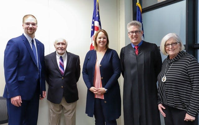 Several members of the Terra State Community College Board of Trustees received their Oath of Office on March 22. From left are Luke Sutter, Dr. Jim Lahoski, Jodi Rucker, Sandusky County Juvenile and Probate Judge Brad Smith, and Chairwoman Kay Reiter.