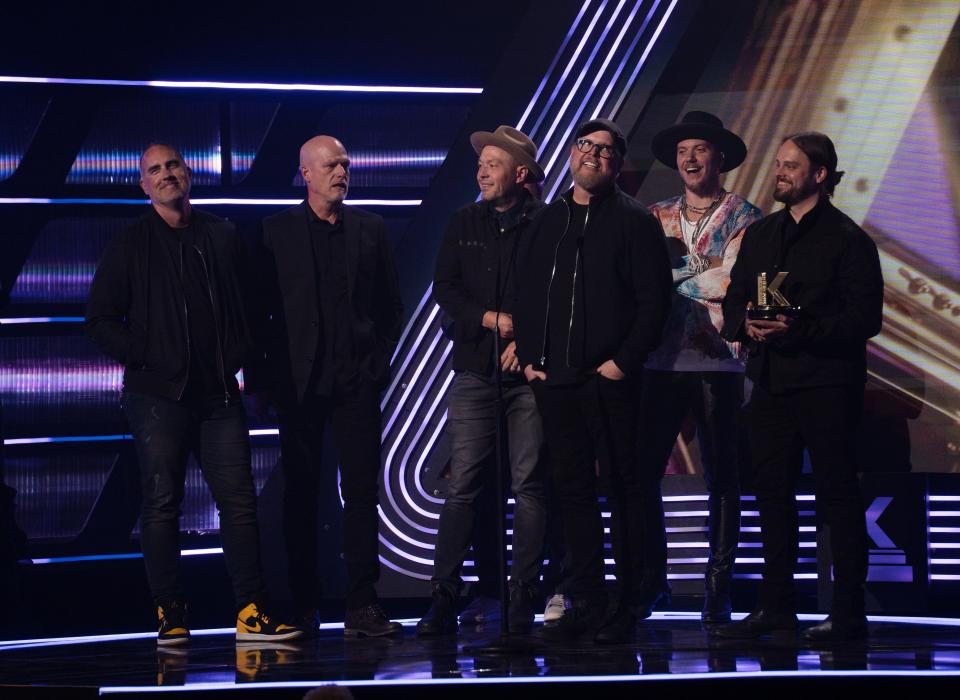 Mercy Me accepts the award for group of the year at the K-Love Fan Awards at the Grand Ole Opry on May 28, 2023; Nashville, TN, USA;  Mandatory Credit: Sarah White-The Tennessean