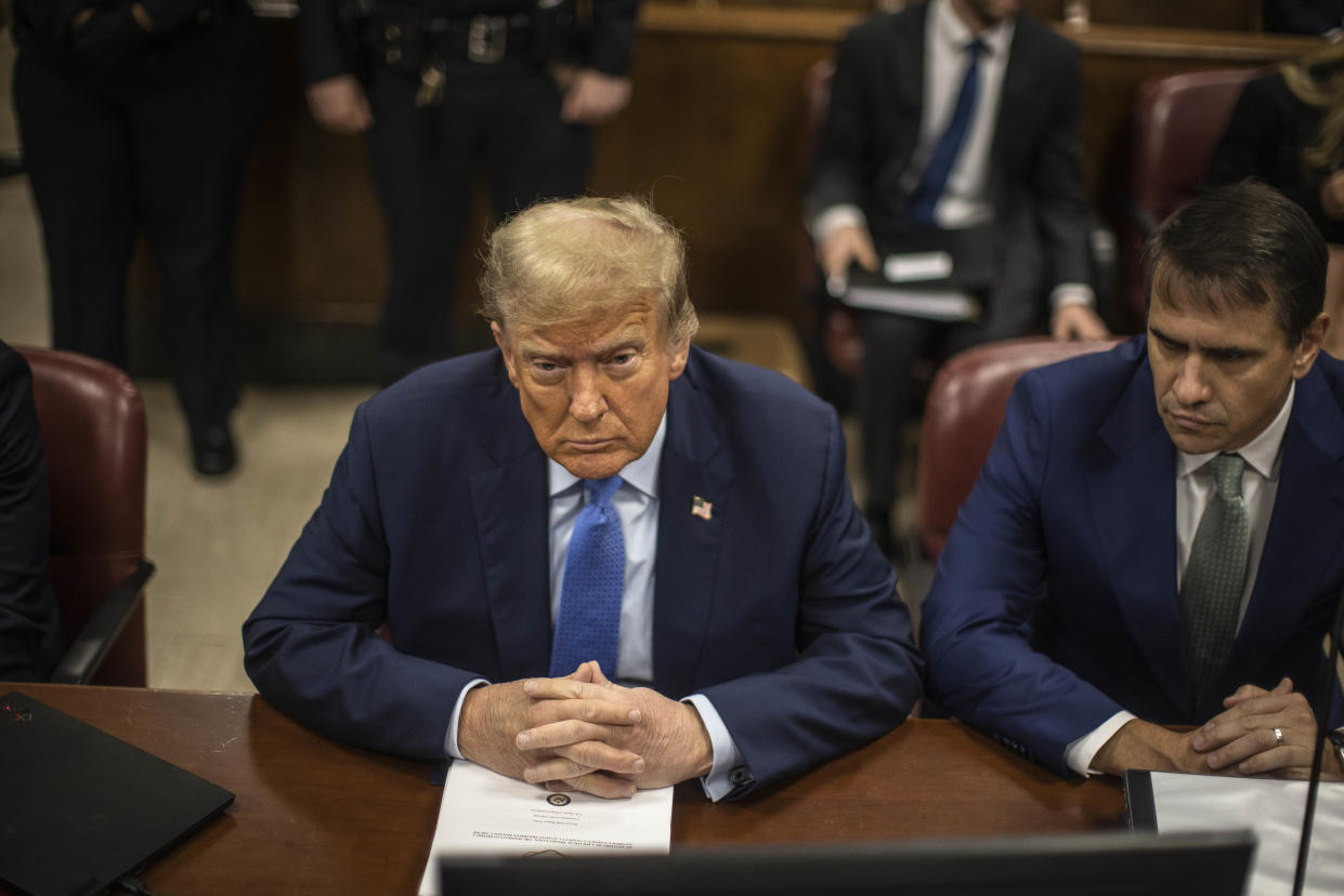 Former President Donald Trump in the courtroom for his criminal trial at Manhattan Criminal Court in Manhattan, on Friday, April 26, 2024. (Dave Sanders/The New York Times)