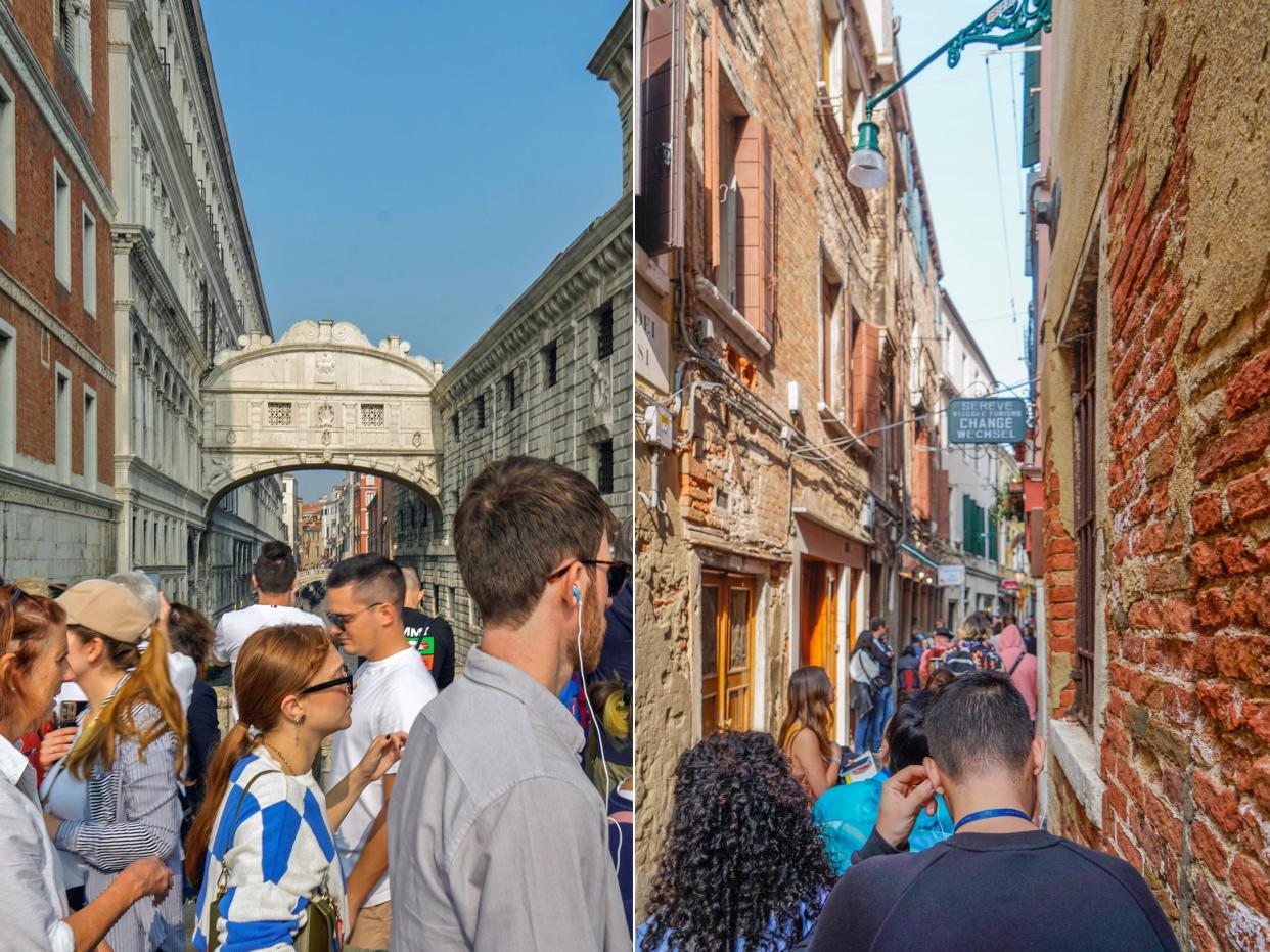 Two images of crowds walking between narrow, historic buildings in Venice.