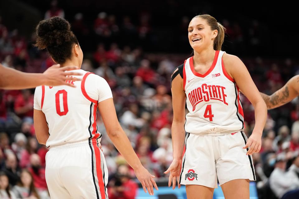 Ohio State's Jacy Sheldon (4) laughs with teammate Madison Greene during Friday's win over Grand Valley State.