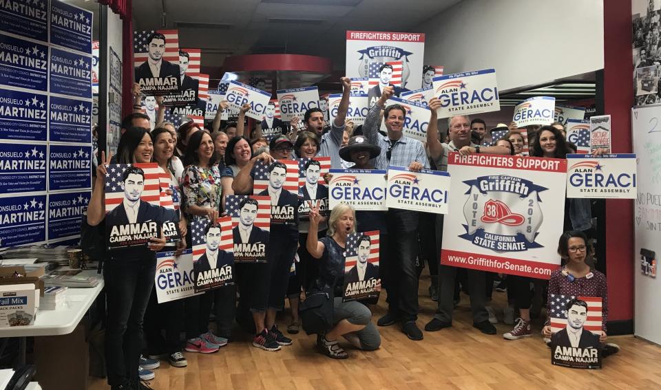 Ammar Campa-Najjar at an Escondido, California, campaign office with volunteer canvassers. His Republican opponent,&nbsp;Rep. Duncan Hunter,&nbsp;is under indictment&nbsp;for allegedly funneling $250,000 of campaign funds toward personal expenses. (Photo: Jessica Schulberg / HuffPost)