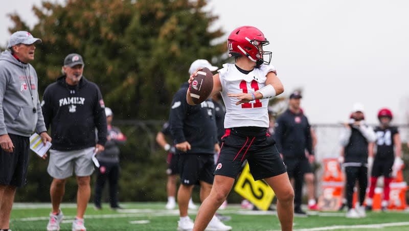 Utah freshman quarterback Isaac Wilson prepares to throw during spring camp at the Spence and Cleone Eccles Football Center on Tuesday, March 12, 2024. Utah coach Kyle Whittingham has liked what he's seen from the former Corner Canyon High star.