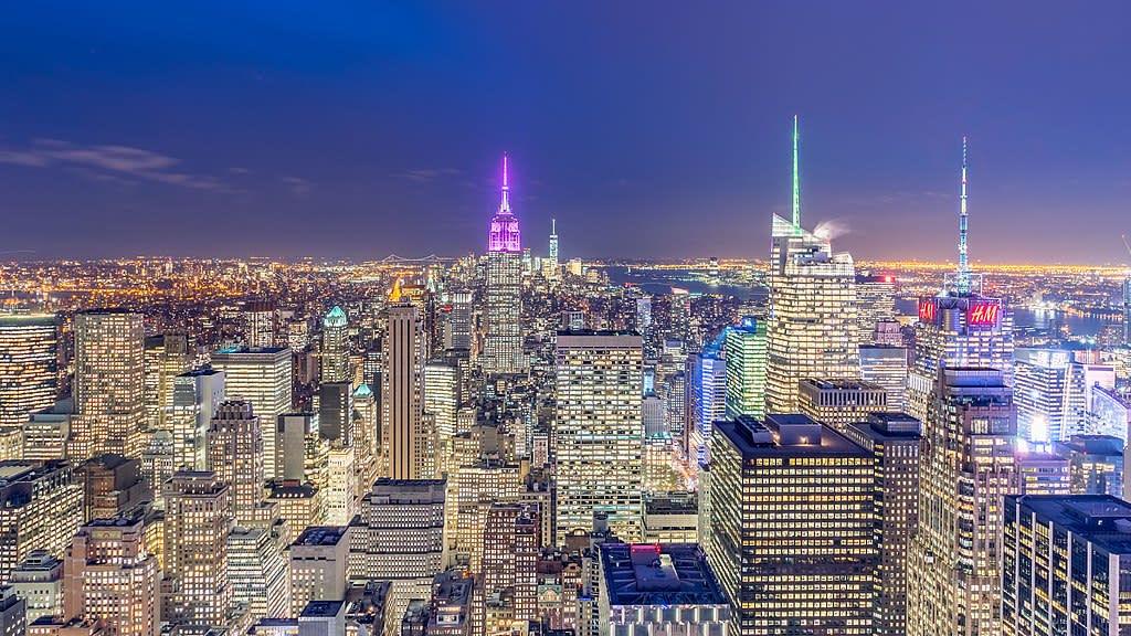  New York City skyline at night. 