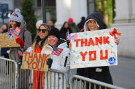 <p>A group of women hold up signs saying “Thank Youâ” during the Veterans Day parade on Fifth Avenue in New York on Nov. 11, 2017. (Photo: Gordon Donovan/Yahoo News) </p>