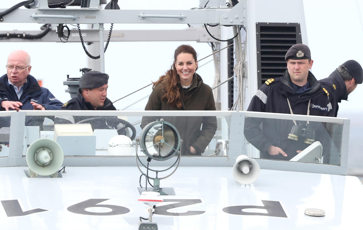 The Duchess of Cambridge spoke to sailors after being taken to see a tidal machine as she visited the European Marine Energy Centre with Prince William on day five of their week long visit to Scotland. (Getty Images)