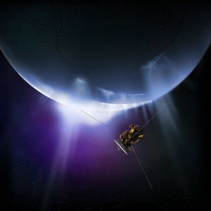 Cassini pictured making a fly-by of Enceladus  - Credit: Nasa 