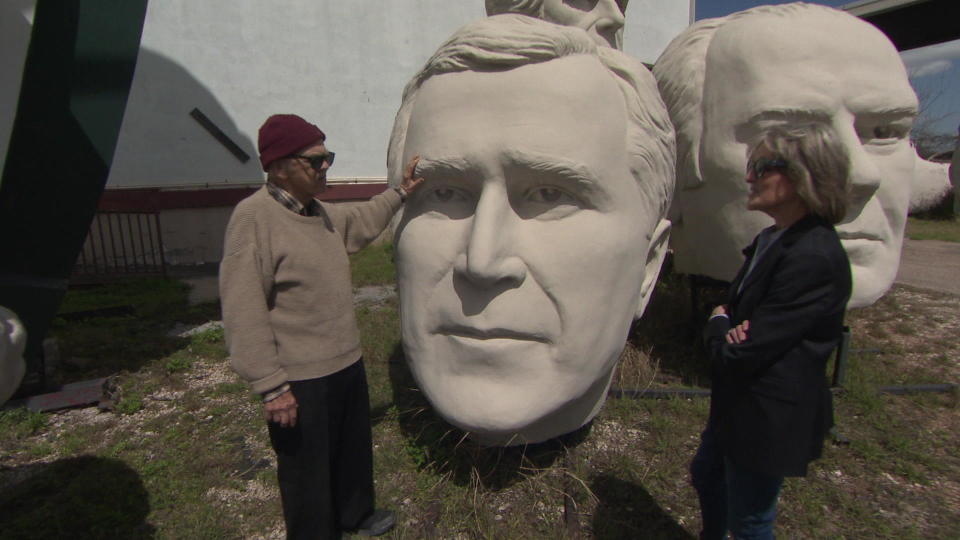 Sculptor David Adickes with correspondent Rita Braver outside his Houston studio.  / Credit: CBS News