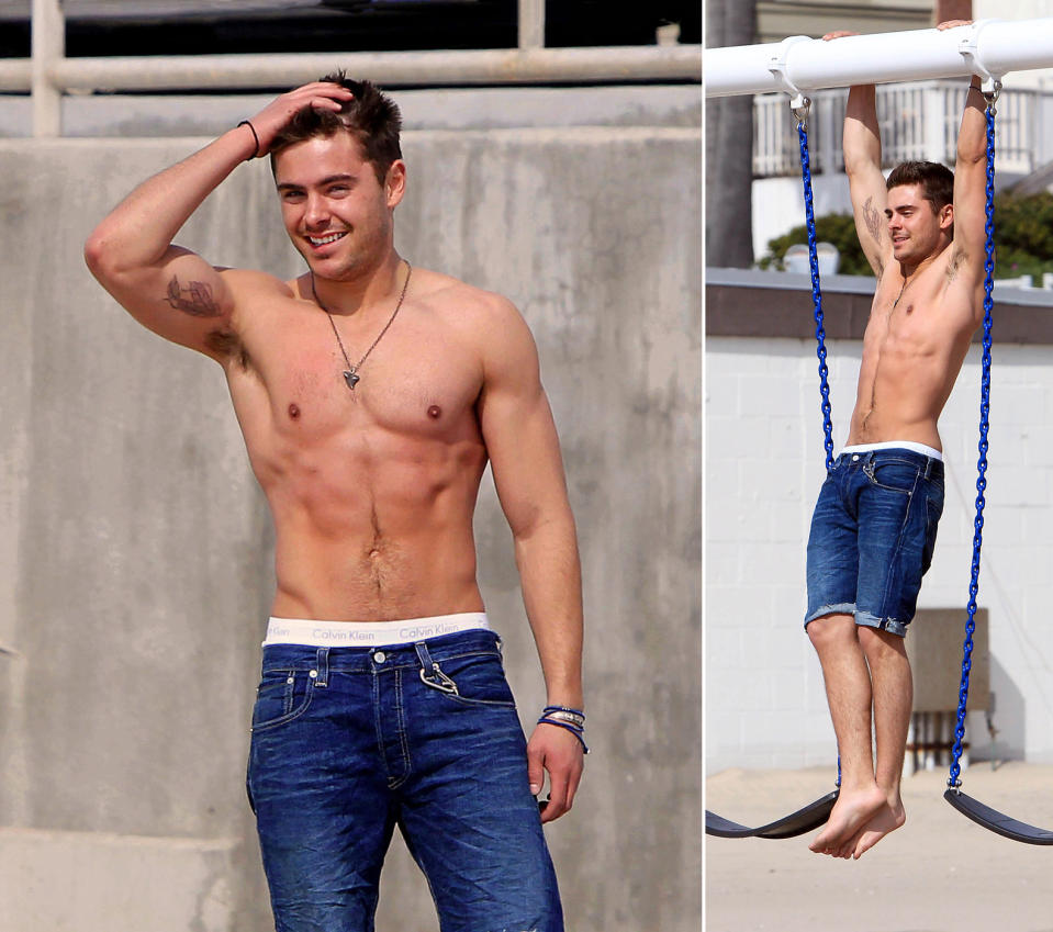 <p>This is Zac Efron working out at the beach in denim shorts even though that's not usually advisable because denim chafes.</p>